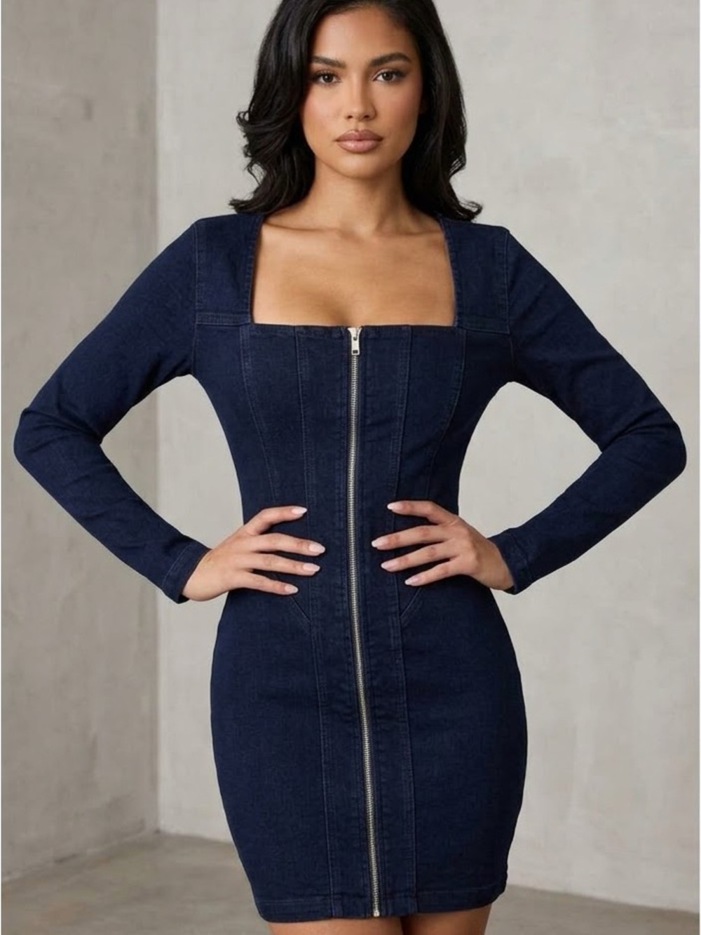 Guess Dark Navy Square-Neck Long Sleeve Denim Mini Dress